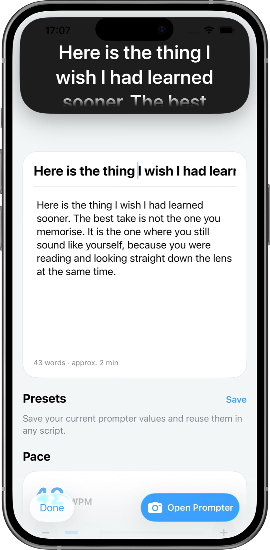 CueSpot's script editor on iPhone